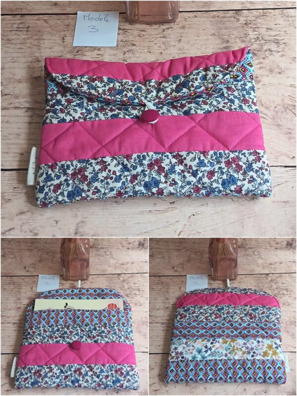 Pochette à livre de poche artisanale Modèle 3 mêlant imprimé graphique turquoise et fuchsia avec fleurs champêtres.