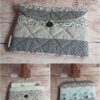 Pochette à livre de poche écoresponsable Modèle 10 matelassée beige et taupe, motifs léopard, pois et chouettes au dos.