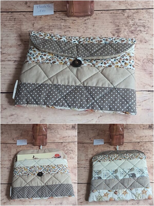 Pochette à livre de poche écoresponsable Modèle 10 matelassée beige et taupe, motifs léopard, pois et chouettes au dos.