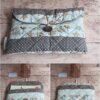 Pochette à livre de poche écoresponsable Modèle 8 matelassée, patchwork coquillages marins et tissu taupe à pois blancs.