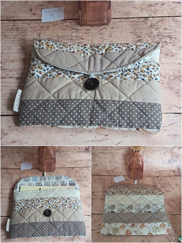 Pochette à livre de poche écoresponsable Modèle 9 matelassée beige et taupe, motifs léopard, chouettes et pois.