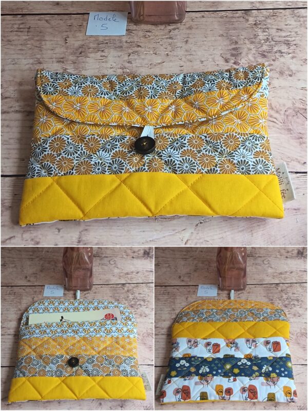 Pochette à livre de poche en tissu Modèle 5 à motifs floraux et éventails jaunes, dos illustré de visages modernes.