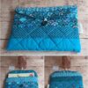 Pochette à livre de poche Modèle 6 au style japonais, avec un motif d'éventails turquoise et bleu matelassé.