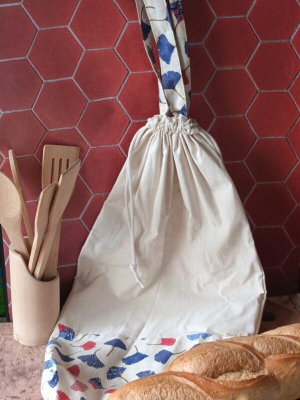 Grand sac à pain de conservation doublé en coton écru et motif ginkgo japonais avec anses de transport.