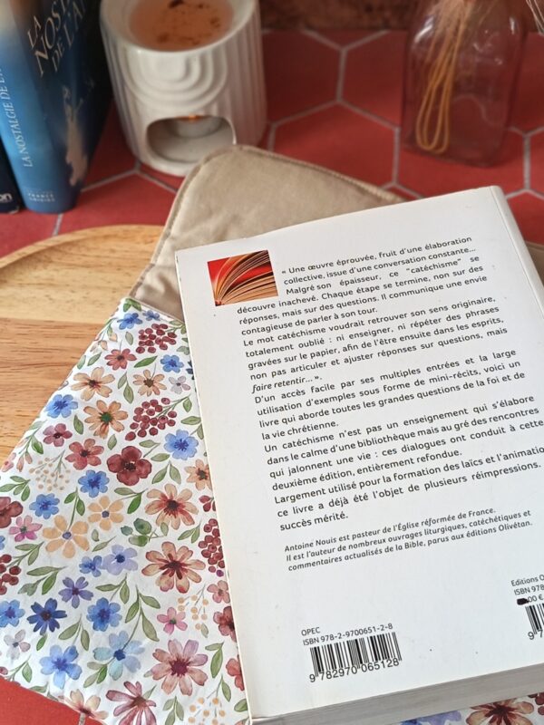 Gros roman posé à côté de la pochette grand livre tissu Rozenn Prune montrant la qualité de la doublure